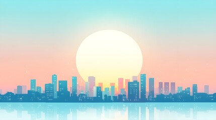 Obraz premium Cityscape Sunset Reflection, Minimalist Urban Design