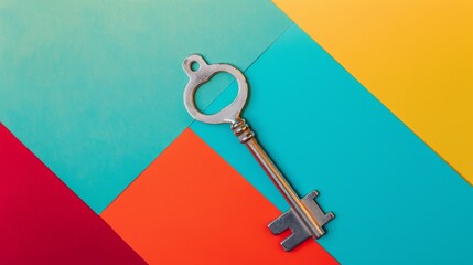 A vintage key resting on a vibrant, colorful geometric-patterned background, signifying access, mystery, or potential in a visually striking manner.