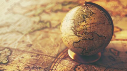 A vintage globe, illuminated by warm sunlight, stands on a textured world map, evoking wanderlust and a sense of historical exploration.