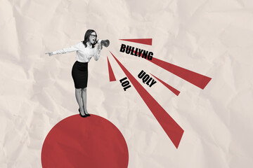 Composite photo collage of angry scream girl hold megaphone bullying offending words pressure...