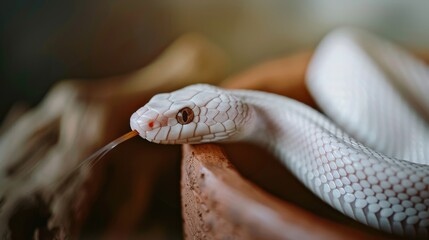 Fototapeta premium A close-up of a white snake coiled elegantly inside a rustic clay pot, with its scales catching the light, portraying a timeless and natural elegance.