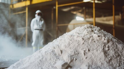A protective worker stands amid a dusty, industrial landscape, emphasizing the importance of safety and careful handling of materials.