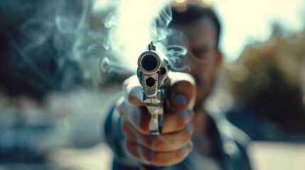 A smoking revolver being pointed directly at the camera, with a blurred background and a sense of tension.