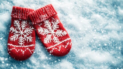 A 3D pair of mittens with snowflake patterns on a snowy background