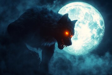 A 3D werewolf with glowing eyes on a full moon background