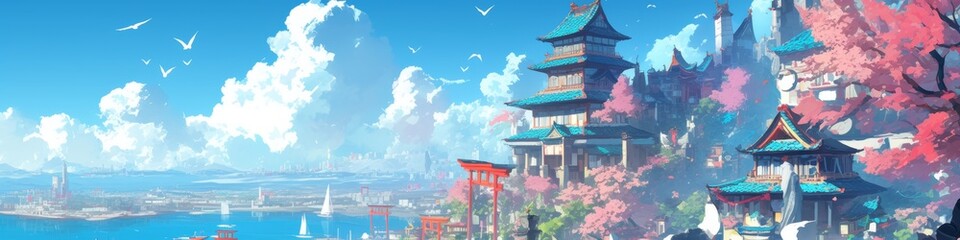Obraz premium Enchanting Japanese Fantasy Adventure: Vibrant Anime-Style Digital Art Showcasing Ancient Architecture and Cultural Wonders. Perfect for Game Design, Tourism Marketing, UI Elements, and 4K Wallpapers.