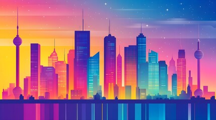 Colorful Cityscape with Stars at Night