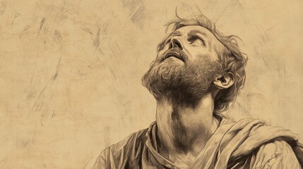 Fototapeta premium Biblical Illustration of Job Questioning Divine Justice - Job Looking Up to the Sky, Wondering Why the Wicked Prosper While the Innocent Suffer, Beige Background