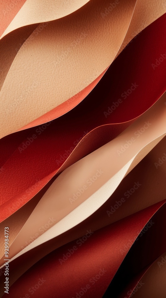 Poster Curved paper sheets in shades of red, beige, and cream create a visually striking composition with soft shadows and highlights
