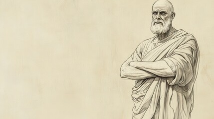 Fototapeta premium Biblical Illustration of Eliphaz Speaking with Authority - Eliphaz Standing with Arms Crossed, Questioning Job’s Righteousness, Beige Background