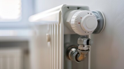 A close-up view of a white radiator thermostat valve, showcasing the technical details and utility components in a modern, well-lit interior setting.
