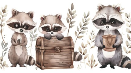 Fototapeta premium A watercolor painting of three raccoons with green leaves in the background