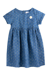 Denim dress nobody isolated on white. Child's blue jean clothes object.