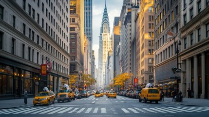 A city street filled with symbols of wealth and success, where financial opportunities are abundant and the skyline looms in the background.