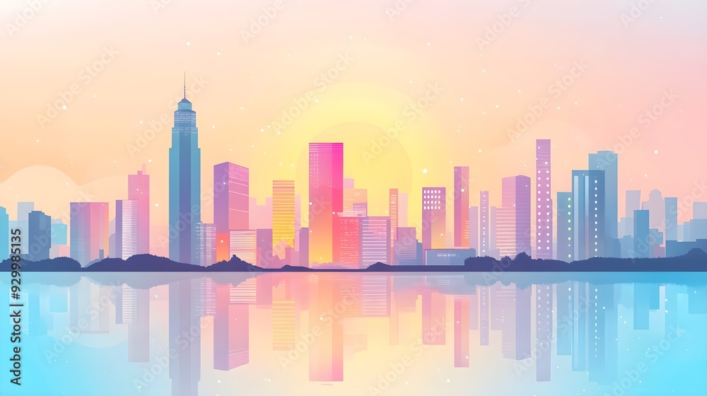 Wall mural pastel cityscape with sunrise reflection