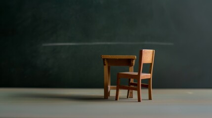A pint-sized wooden desk and chair set facing a chalkboard, capturing a nostalgic and simplistic classroom scene.