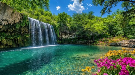 Naklejka premium A serene waterfall cascading into a clear pool surrounded by vibrant flowers and lush greenery.