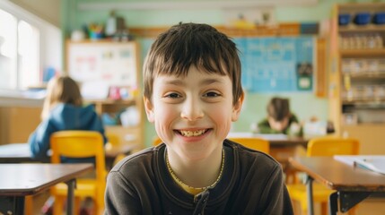 A smiling child sits at a classroom desk, radiating enthusiasm and joy, as other children focus on their activities in the colorful, educational environment.