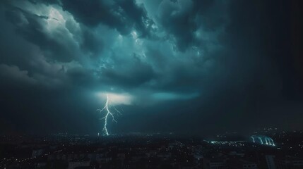 A striking lightning bolt pierces the night sky over a cityscape, illuminating dark clouds and highlighting the dramatic intensity of the storm.