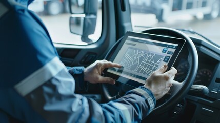 A logistic worker holds a tablet, checking navigation inside a truck, signifying the integration of technology in modern transportation.