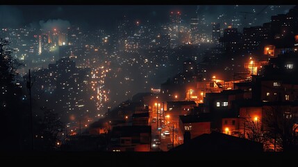 Fototapeta premium A crowded city at night, with endless lights from houses, cars in the streets, and a sky filled with a dream-like glow.