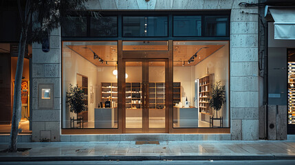 The front door and entrance to an upscale, minimalist store. Generative AI.