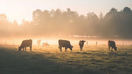 Morning mist envelops a tranquil field where cows graze, highlighted by the soft golden hues of dawn breaking over the horizon.