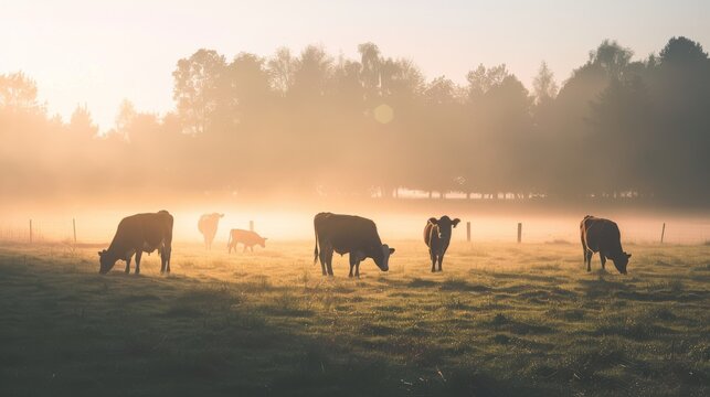 Morning mist envelops a tranquil field where cows graze, highlighted by the soft golden hues of dawn breaking over the horizon.