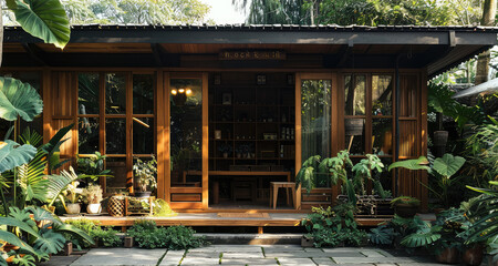 Wooden boutique facade with big windows in a lush green village. Generative AI.