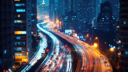 Fototapeta premium A dense urban landscape at night, with bright city lights twinkling like stars, and cars flowing through the streets, creating a dream-like scene.