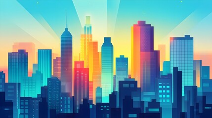 Naklejka premium Colorful Cityscape Sunrise - Abstract Architecture Illustration