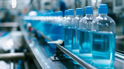 Clear plastic bottles filled with light blue liquid are part of an automated production line in a modern industrial setting, highlighting efficiency and precision.
