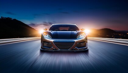 Fototapeta premium Front view close up headlamp light at night of a luxury sports car riding on the road. AI generated