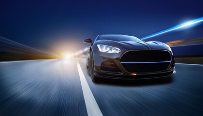 Obraz premium Front view close up headlamp light at night of a luxury sports car riding on the road. AI generated