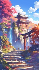 Obraz premium Enchanting Japanese Fantasy Adventure: Vibrant Anime-Style Digital Art Showcasing Ancient Architecture and Cultural Wonders. Perfect for Game Design, Tourism Marketing, UI Elements, and 4K Wallpapers.
