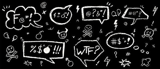 Set of speech bubbles drawn by crayon pencil and swear symbols. Collection of hand drawn chalk line elements. White color text box quote or dialog for negative expression comment. Vector illustration