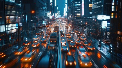 Fototapeta premium A dreamy night city view, with a crowded skyline, bright lights, and cars weaving through the streets like threads of light.