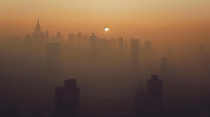 Fototapeta premium A hazy sunrise over a city skyline, with skyscrapers silhouetted against the orange-tinted sky creating a serene, ethereal landscape.