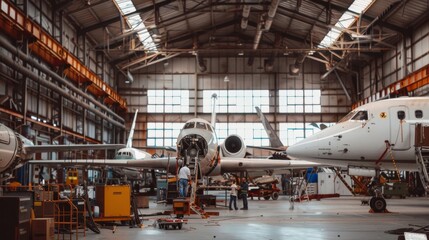 An aircraft hangar bustling with activity, showcasing multiple planes being serviced and maintained by diligent technicians.