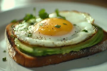 A delicious sandwich with avocado and a fried egg served on a piece of toasted sourdough bread