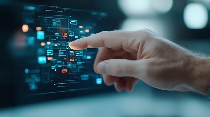 A hand interacting with a digital interface, showcasing advanced technology and data visualization.