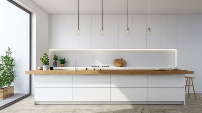 A minimalist, bright kitchen featuring sleek white cabinets, a wood countertop, potted plants, and suspended light bulbs, exuding a clean and modern vibe.