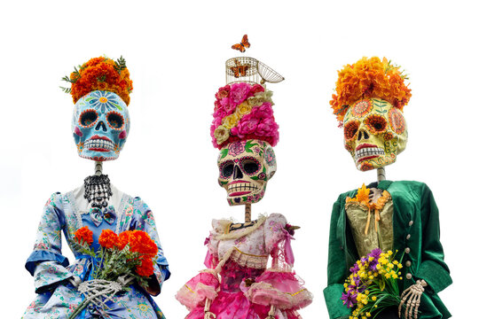 Dia de los Muertos (Day of the Dead) collection of skeletons and sugar skulls, funny catrinas women isolated on white, Halloween decor, Mexican traditional holiday