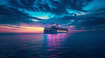 A vividly illuminated cruise ship sails on a tranquil sea under a mesmerizing twilight sky, creating a serene and magical atmosphere.