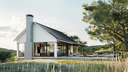 Obraz premium A contemporary, light-filled house with large glass front and beautiful surroundings, featuring trees, open fields, and a stunning panoramic view.
