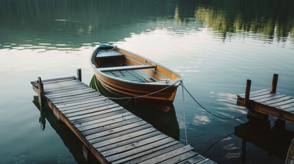 Obraz premium A small rowboat is gently moored at a wooden dock, surrounded by the serene, reflective waters of a calm lake, suggesting tranquility and solitude.