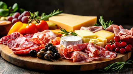 Sliced gourmet meat, cheese, vegetables and fruits on wooden board