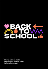 Back to school layout template. Design with geometric shapes and y2k patches, labels, tags, stickers for your flyer, poster, cover, brochure or banner. Trendy promo labels.