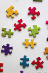 Colorful jigsaw puzzle pieces on white background. Flat lay.