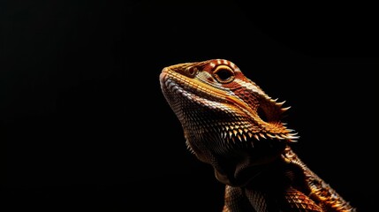 Obraz premium A bearded dragon stands poised against a stark black background, its vibrant scales illuminated, exuding a calm yet authoritative presence.